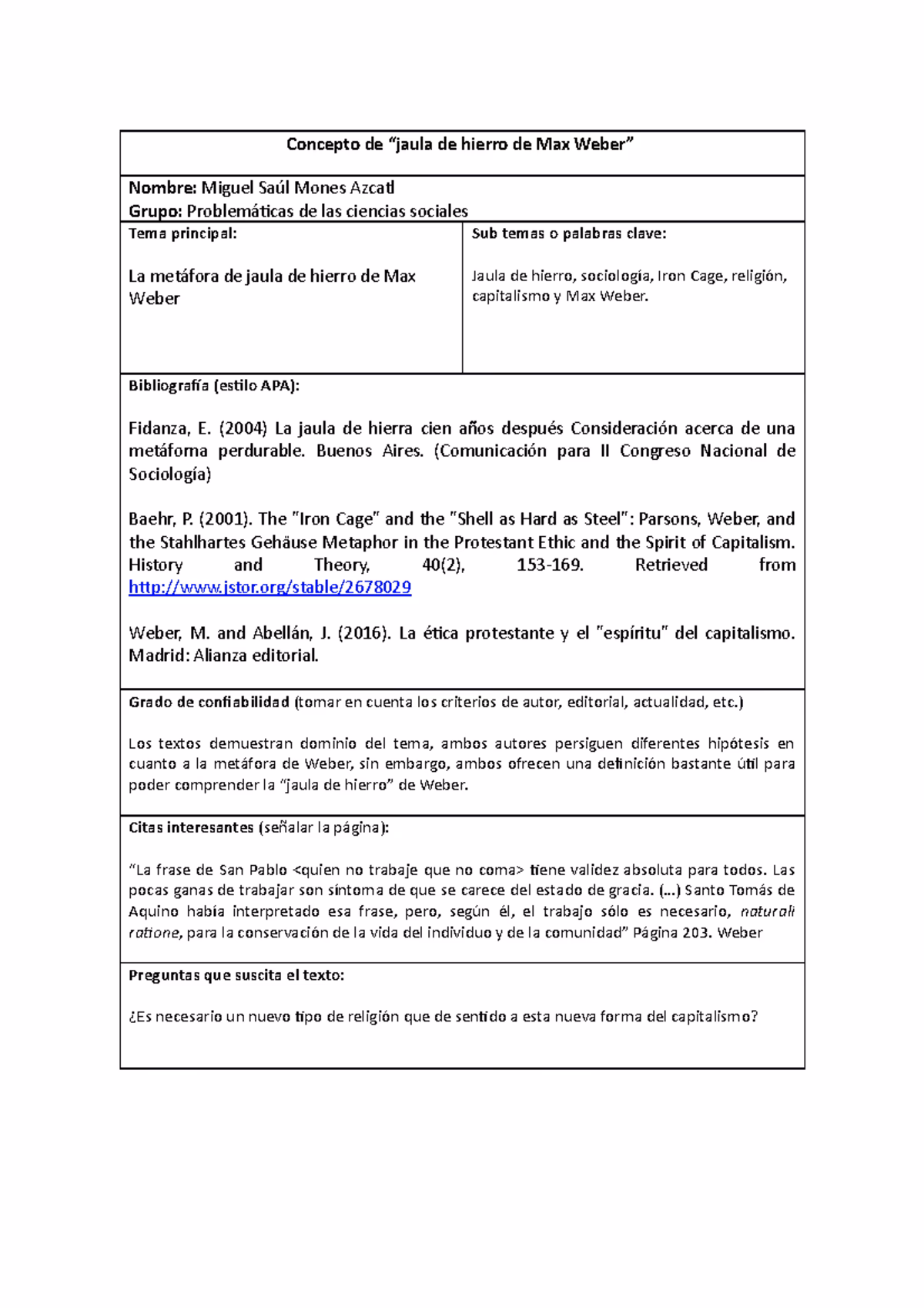 ¿Qué quiere decir Weber con la jaula de hierro?