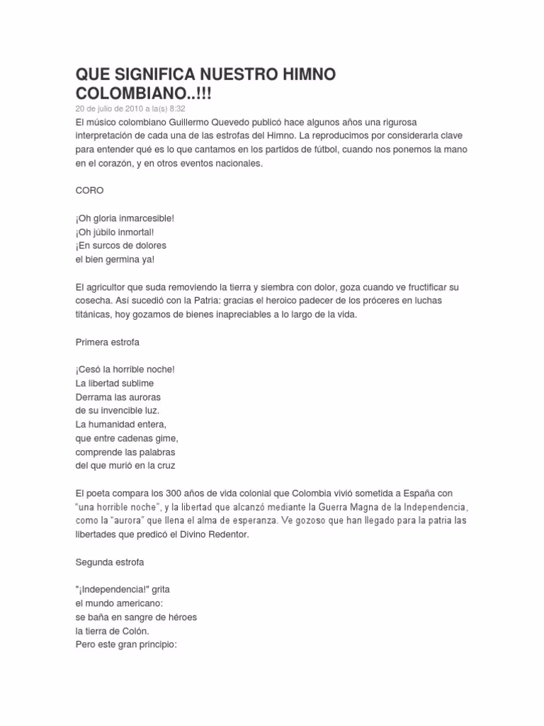 ¿Qué mensaje transmite el himno de los colombianos?