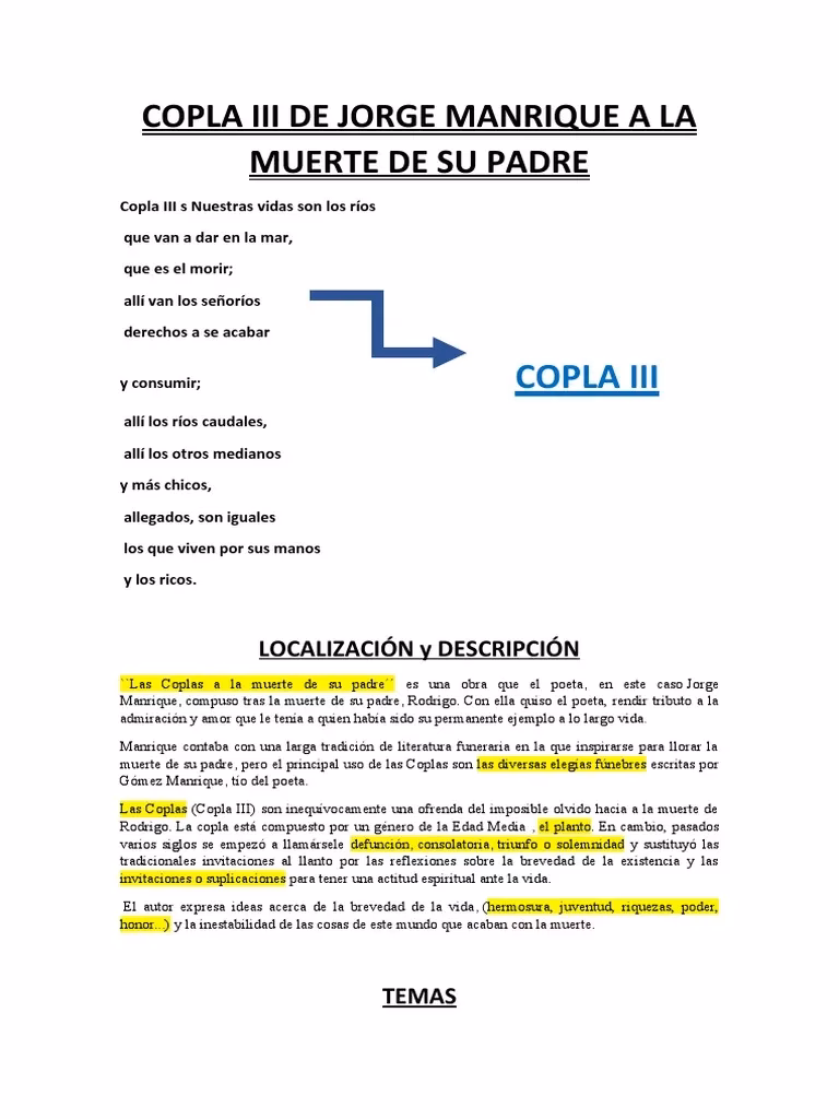 ¿Qué metáforas utiliza Manrique en los tres primeros versos de la copla 3?