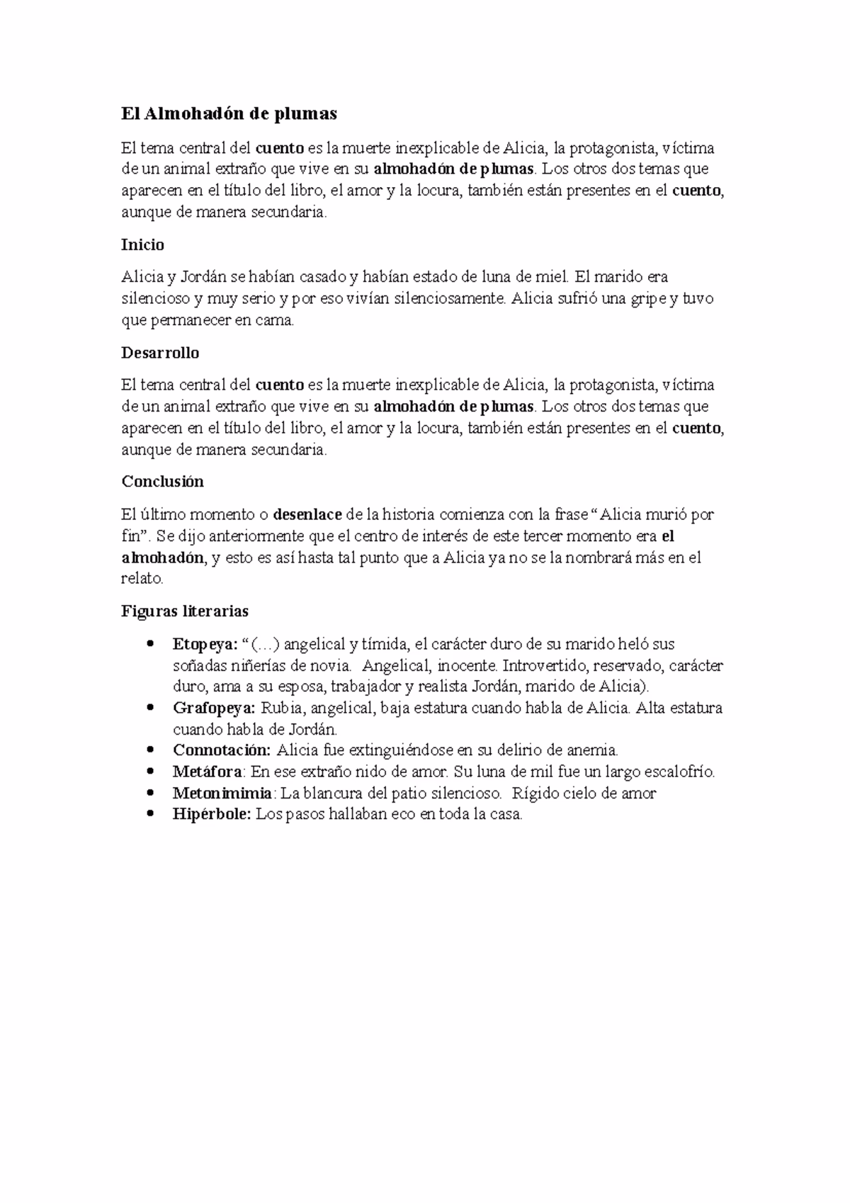 ¿Qué recursos literarios hay en la almohada de plumas?